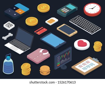 Isometric View 3D Flat Icons Set. Calculator, Coin, Dollar, Euro, POS Terminal, Clocks, Bank Card, Bone, Sim, Laptop, Smartphone, QR Code, Shirt, Clipboard. 