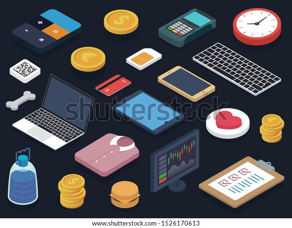 Isometric View 3D Flat Icons\
Set. Calculator, Coin, Dollar, Euro, POS Terminal, Clocks, Bank\
Card, Bone, Sim, Laptop, Smartphone, QR Code, Shirt, Clipboard.\
