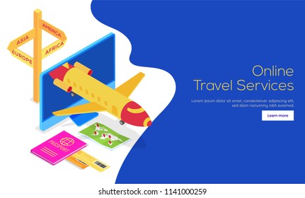Isometrische Ansicht des Flugzeugs auf dem Desktop-Bildschirm mit Darstellung der Zeichenfläche mit vier Namen auf dem Kontinent. Landing Page Design für Online Travel Services.