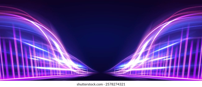 Isometric view of an AI chipset on a circuit board, illuminated with light trails and swirling optical fibers, set against a neon-colored space representing speed and futuristic technology.	