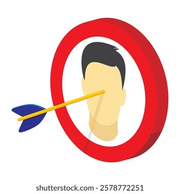 Isometric view of aim targeted person. Illustration of a man head shot by an arrow.