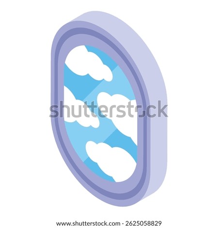 Isometric view of an airplane window showing the blue sky and clouds