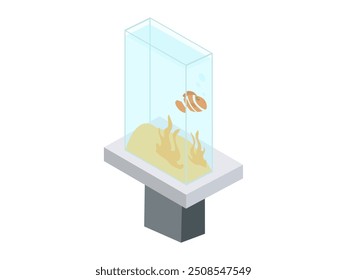 An isometric view of an aquarium with a clownfish swimming above yellow sand and corals, encased in a glass tank, illustrating aquatic environments.