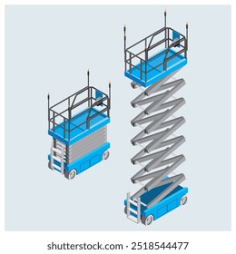 Isometrische Ansicht der aufsteigenden und gefalteten Scherenhebegrafik. Fahrbare, erhöhte Arbeitsplattformausrüstung für Bau- und Industriearbeiten.