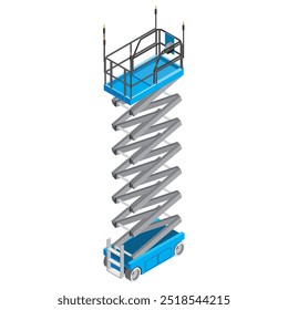 Isometric view of ascended scissor lift illustration. Mobile elevated working platform equipment for construction and industrial work.