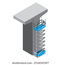 Isometric view of ascended scissor lift at the pier head column work illustration. Mobile elevated working platform equipment for construction and industrial work.