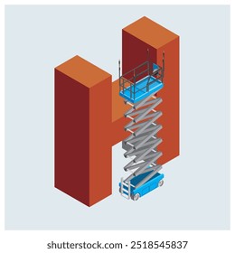 Vista isométrica de la elevación de tijera ascendida con ilustración de la letra H. Equipos móviles de plataforma de trabajo elevada para la construcción y el trabajo industrial.