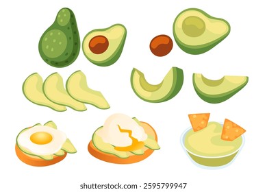 Isometric view avocado set with dishes. Fresh tasty toast with egg topping and sliced avocado fruit. Vector illustration isolated on white background.