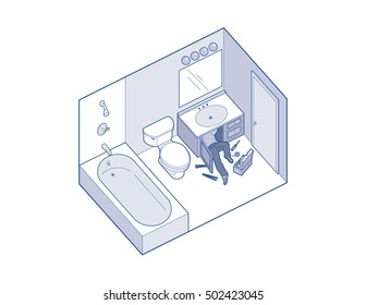 Isometric view of a bathroom, with a man working under a bathroom sink, installing a faucet.