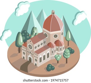 Isometric view of beautiful building in italian style. Santa Maria del Fiore, florence basilica. Vector illustration.