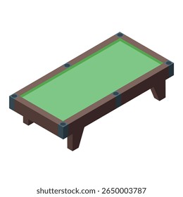Vista isométrica de uma mesa de bilhar com superfície verde e moldura de madeira, ideal para conceitos de jogo ou lazer