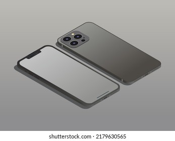 Isometric view of black mobile phone with blank screen vector illustration. Suitable for mockup