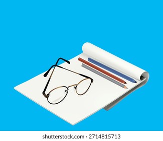 Isometric view of a blank spiral notebook, reading glasses, and three colored pencils on a blue background. Minimalist 3D vector illustration for education and office themes.