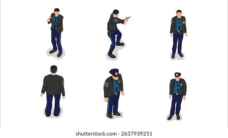 isometric view of blue and black police officer policeman