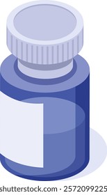 Isometric view of a blue plastic medicine bottle with blank white label and white screw cap, ideal for pharmaceutical or healthcare concepts