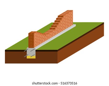 Isometric view of brick wall with foundation