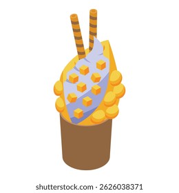 Isometric view of a bubble waffle dessert with mango, whipped cream and wafer rolls, served in a cup