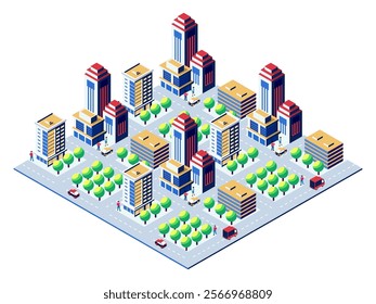 Isometric view of a bustling city center featuring skyscrapers, offices, roads, cars, delivery trucks, trees, and pedestrians