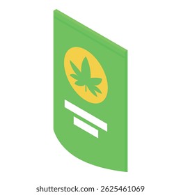 Isometric view of a cannabis package showing marijuana leaf symbol and label for legal recreational or medical use