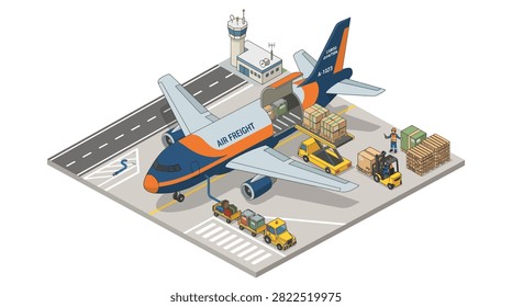 Isometric view of cargo plane being loaded with boxes at an airport.