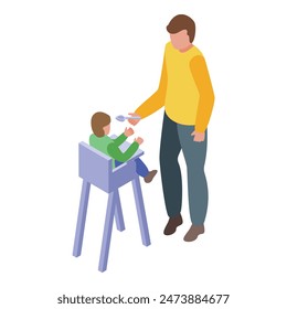 Isometric view of a caring dad giving food to his toddler sitting in a high chair