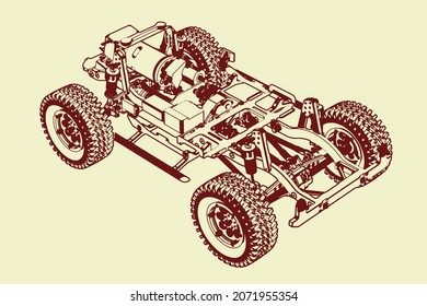 Isometric View of the Chassis of a Modern Electric SUV. Outline Style. Engineering Background. Vector Illustration.