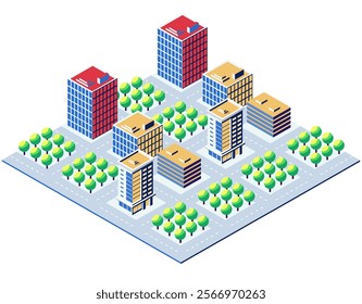 Isometric view of a city center with modern skyscrapers, streets, and green parks, representing urban planning and development
