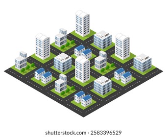 Isometric view of a city center with skyscrapers, offices, houses, streets and trees, creating a modern urban landscape