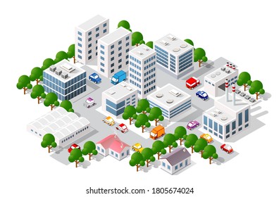Isometric view of the city. Collection of houses 3D illustration 3d module block district part