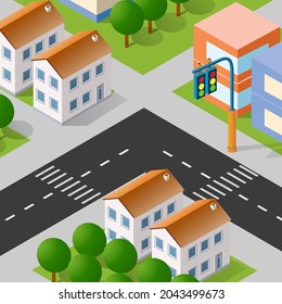Isometric view of the city. Collection of houses 3D illustration module block district part