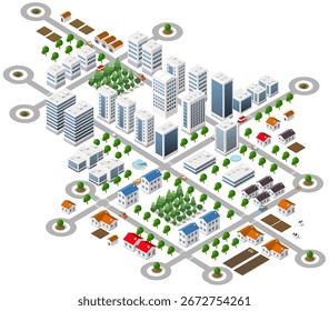 Vista isométrica de uma cidade em expansão para o campo, com arranha-céus, casas, árvores, estradas e campos, representando o desenvolvimento urbano e as áreas rurais