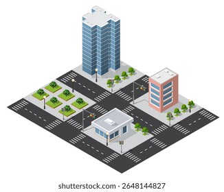 Vista isométrica de um cruzamento com um arranha-céu, edifícios, estradas com faixas de pedestres, semáforos, lâmpadas de rua e áreas verdes com árvores