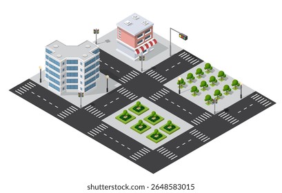 Vista isométrica de um cruzamento de cidade com estradas, edifícios, semáforos e áreas verdes, ideais para planejamento urbano ou conceitos arquitetônicos
