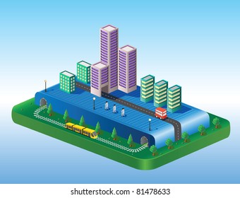 Isometric view of the city on the basis of color with a yellow train