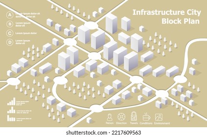 Isometric view of the city quarter with houses, streets and trees 3D illustration.