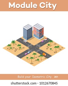 Isometric view of a city town in the desert natural landscape