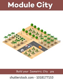 Isometric view of a city town in the desert natural landscape