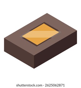 Isometric view of a closed rectangular box featuring a transparent window revealing a golden product inside, ideal for showcasing premium items