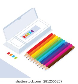An isometric view of a collection of vibrant colored pencils placed beside their open white container on a clean surface.
