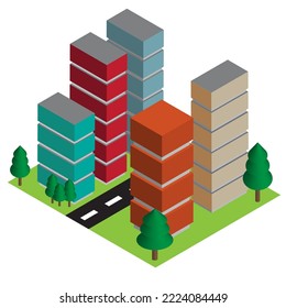 Isometric view of colored tower building asset vector illustration 