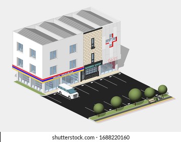 Isometric view of a commercial area, consist of a clinic, mini market and a barber shop. With parking lot, car, pedestrian, trees, and bench.