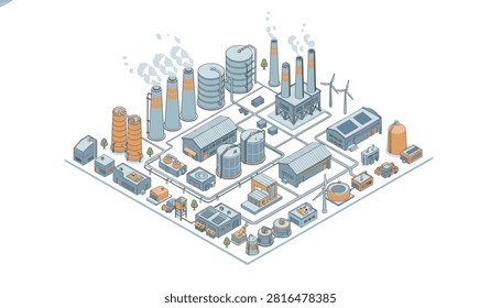 Isometric view of a complex chemical industrial site featuring tall smokestacks storage tanks and connecting pipe systems.