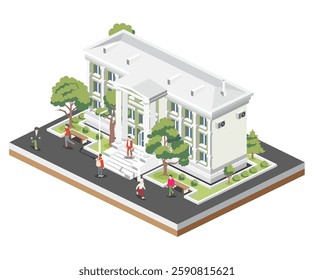 Isometric view of courthouse building, bank, university or governmental institution. Public building with high columns. Vector illustration. Law and justice concept.