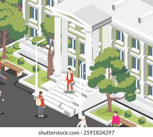 Isometric view of courthouse building, bank, university or governmental institution. Public building with high columns. Vector illustration. Law and justice concept.