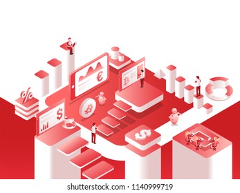 Vista isométrica de la plataforma de intercambio criptográfico, personas trabajando juntas analizando los datos, diseño de plantillas web basado en concepto de dinero virtual.