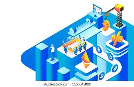 Isometric view of cryptocurrency exchange platform with illustration of people working together, analyst analysis the data.