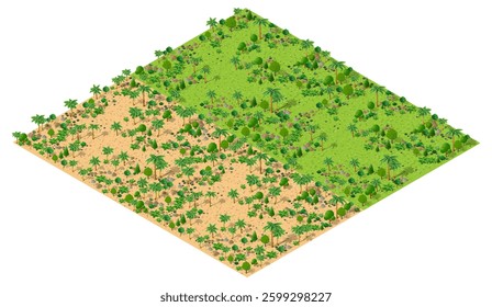 Isometric view of deforestation converting a green landscape with trees into a barren desert