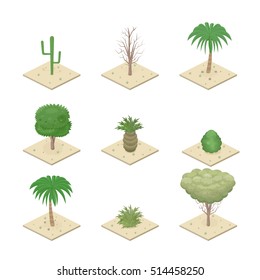 Isometric view desert plants. Tropical plants. Cacti, trees and bushes. Game design set. Vector Illustration.