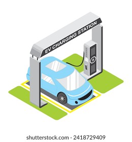 Isometrische Sicht und Design des Elektroautos mit dem Plug Symbol, Green Hybrid Fahrzeuge Ladepunkt Logotype. Öko-Auto-Konzept mit elektrischer Ladung.