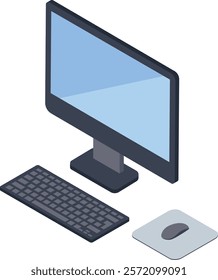 Isometric view of a desktop computer setup, featuring a monitor, keyboard, and mouse on a mousepad, representing modern workplace technology and digital productivity